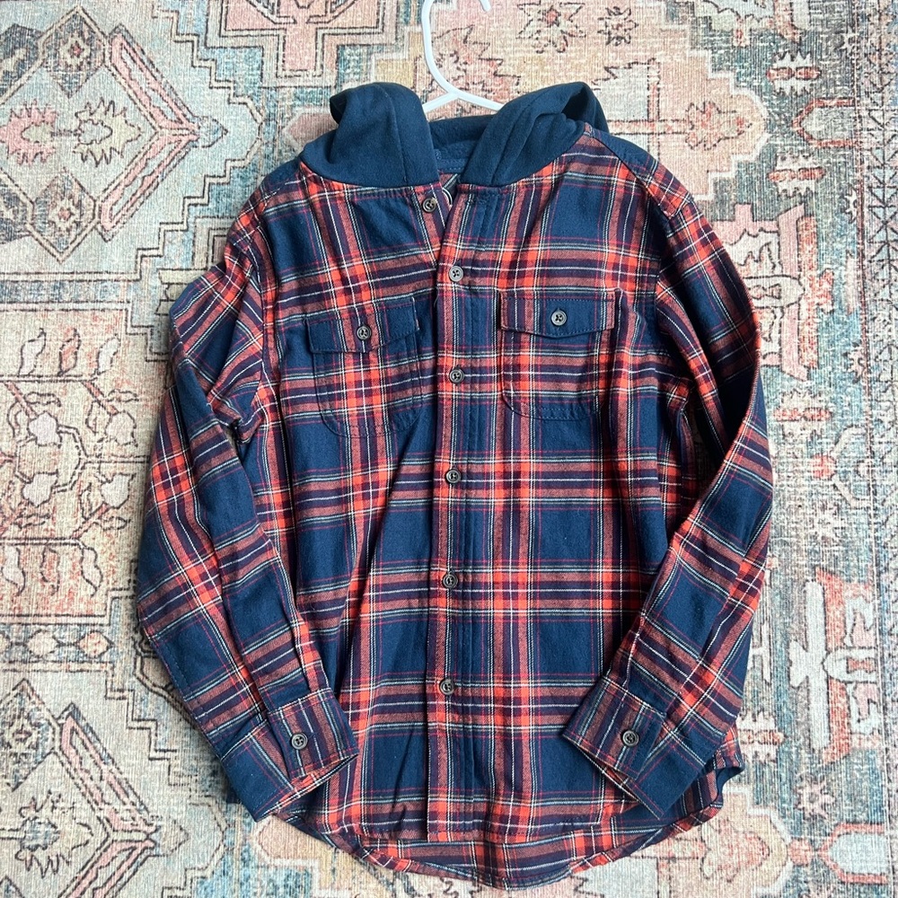 Navy and orange Plaid Hooded Flannel Shirt 6-7 grunge emo y2k kids